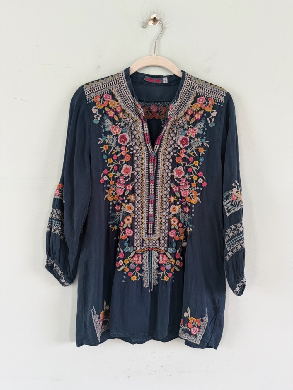 Johnny Was Annette Embroidered Floral Bastille Blue Boho Cottage Tunic Blouse - Picture 3 of 5